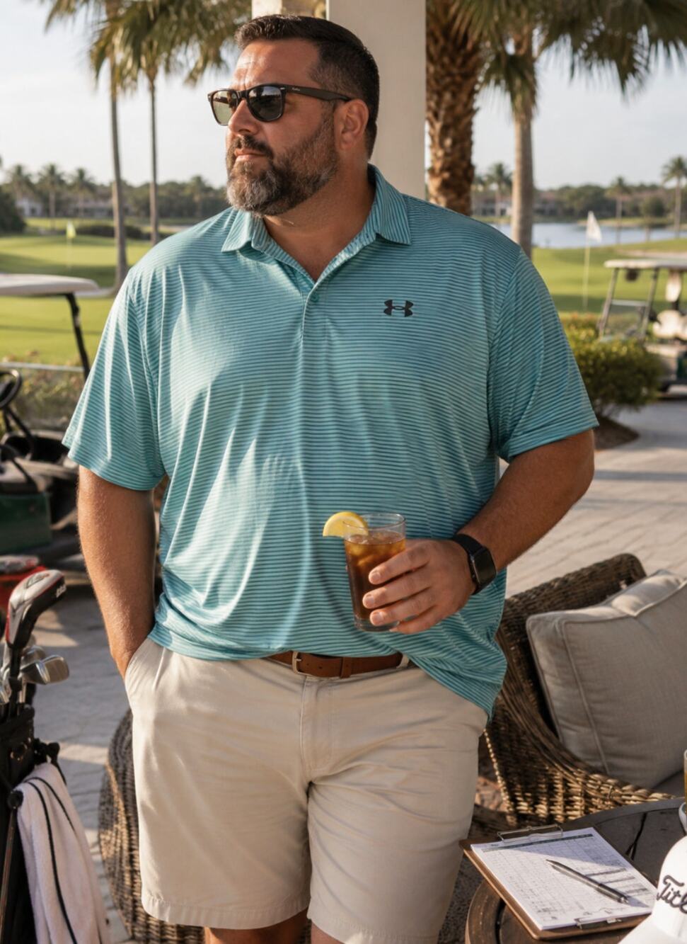 Men's Under Armour Teal Stripe 2XL Button Golf Tech Polo Country Club Preppy